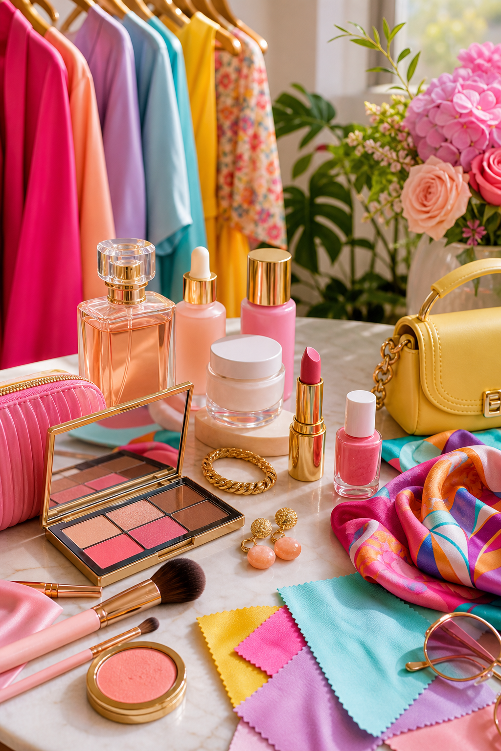 Detalhes de beleza com maquiagem, skincare e acessórios