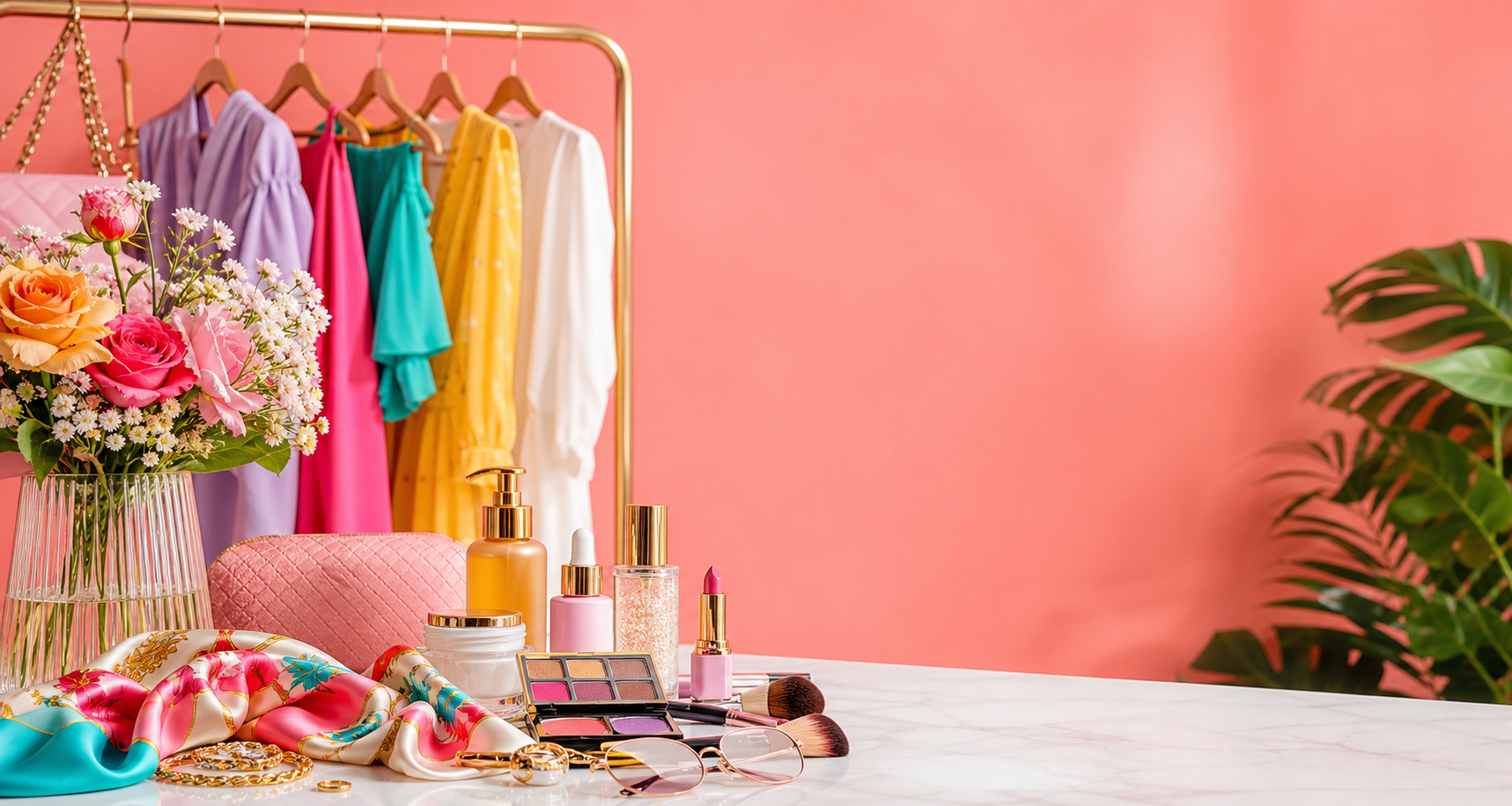 Editorial colorido de moda e beleza com maquiagem, roupas e acessórios